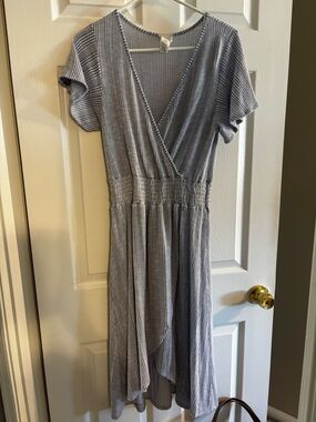 Caution To The Wind Striped Wrap High-Low Dress - Light Blue & White